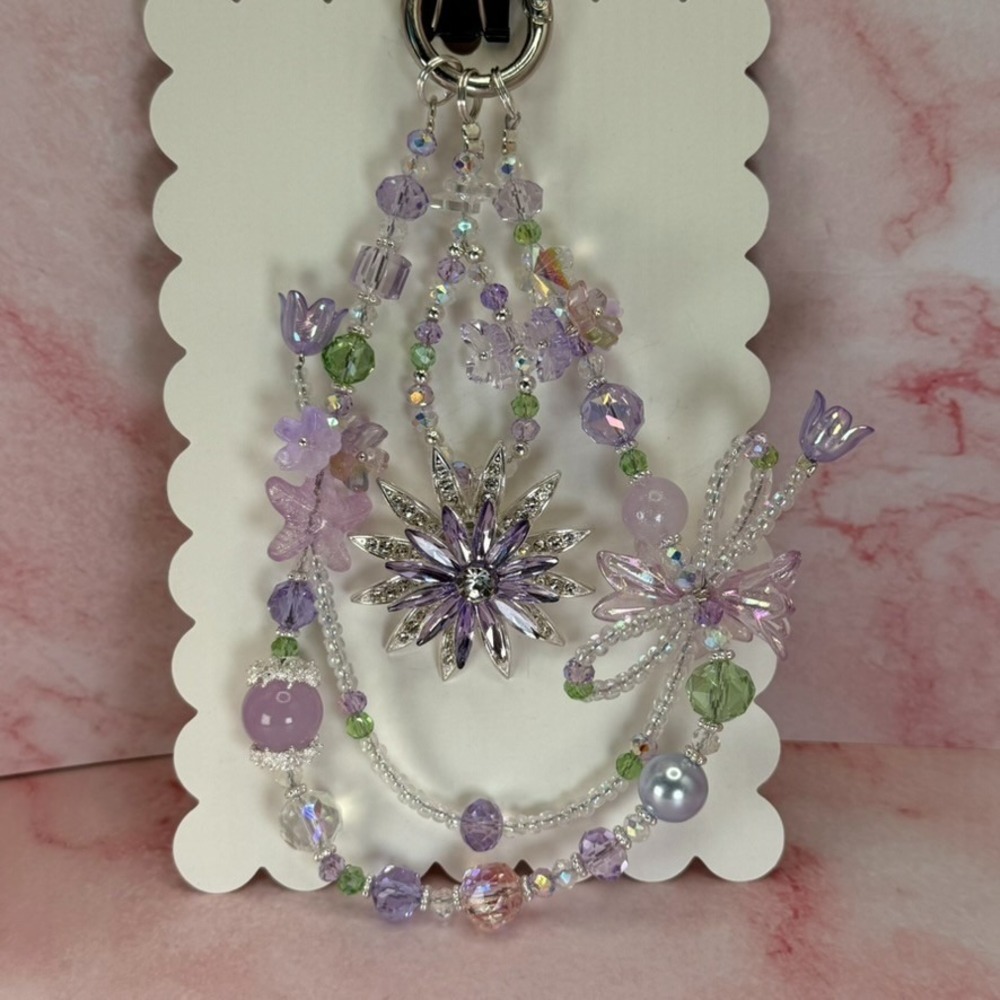 Fidget Spinning Flower Lavender Crystal Beaded Fairy Garden Phone Wristlet Charm